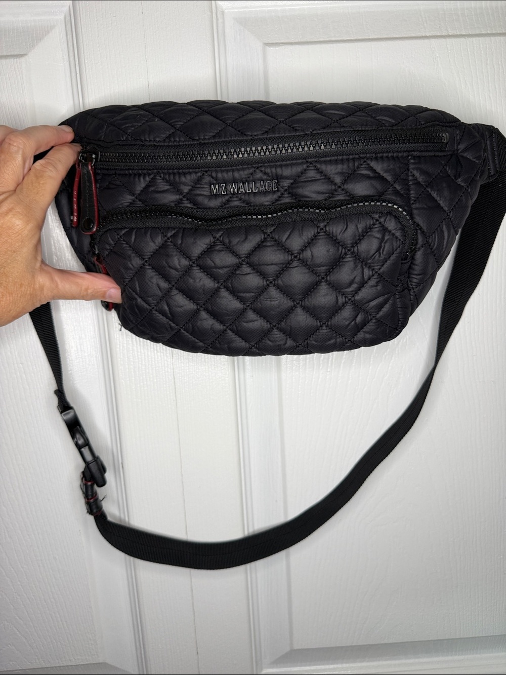 MZ Wallace Black Quilted Sling BELT bag with Red Trim - Picture 2 of 8